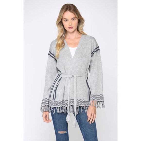 Gray and Blue Tribal Pattern Fringe Cardigan - Picture 1 of 1